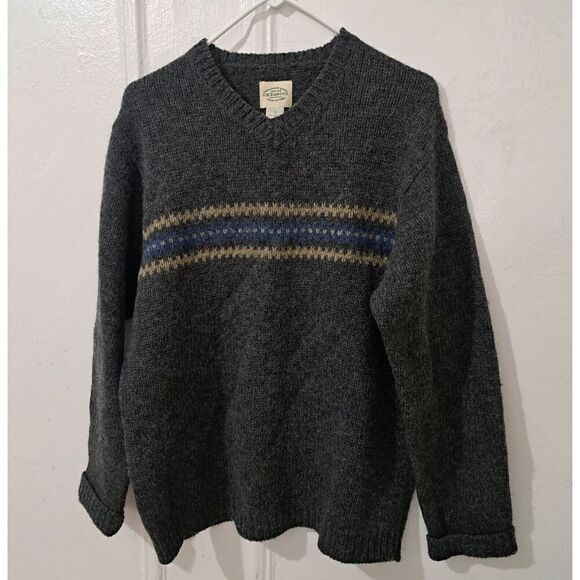 Vintage 90's GH BASS Bass Mens Small SHETLAND WOOL gray Vneck Sweater Pullover - Picture 1 of 6